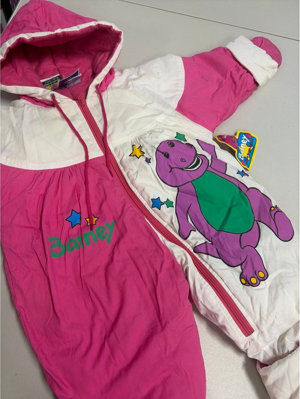 Vintage 1993 Barney Snowsuit Bunting 12M Mighty-Mac Pink Hooded Lyons Group USA